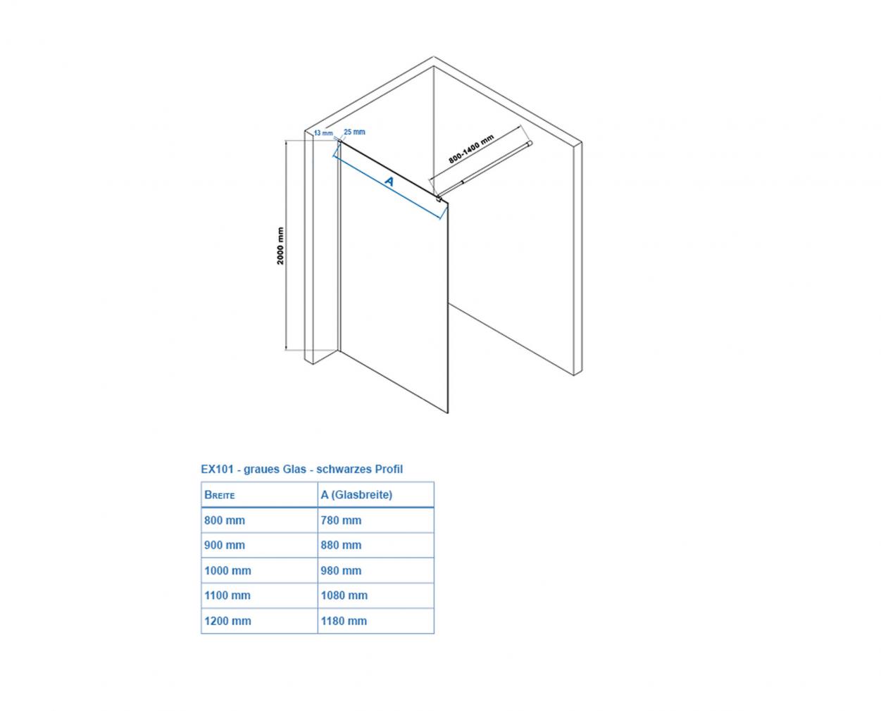 Duschabtrennung Walk-In Nano Schwarz - graues Glas 8 mm